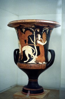 Ancient Greek vase with red figure decoration, including a female dancer, 5th century BC. Artist: Unknown