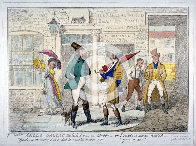 'Anglo-Gallic salutations in London - or Practice makes perfect -', 1835.              Artist: Anon