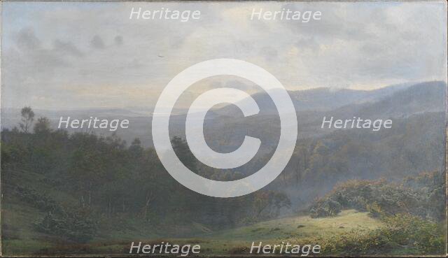 The fog lifts over the forests at Himmelbjerget. Early autumn morning, 1895. Creator: Harald Foss.