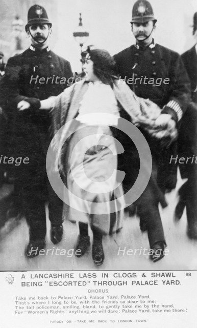 A 'Lancashire lassie' escorted through the palace yard, Westminster Palace, London, March 1907. Artist: Unknown