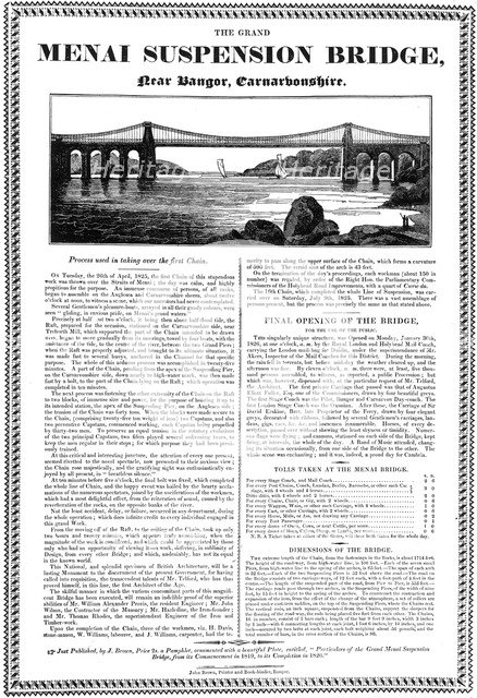 Menai Suspension Bridge, Wales, c1826. Artist: Unknown