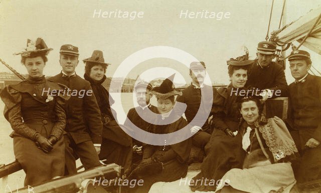 Female passengers and crew members in group portrait aboard ship,1894 or 1895. Creator: Alfred Lee Broadbent.