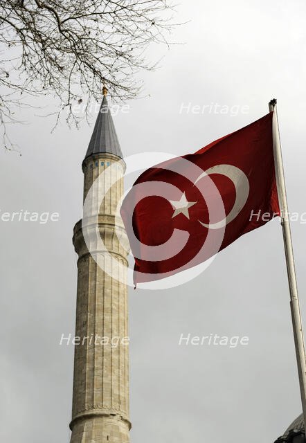 Turkish flag and minaret of Hagia Sophia, Istanbul, Turkey, 2013. Creator: LTL.