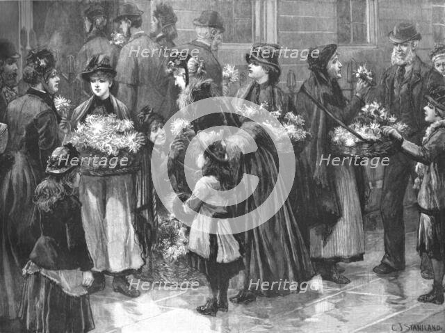 ''"For The Patients"; Flower-Girls outside the University Hospital on a visiting day', 1890. Creator: Charles Joseph Staniland.