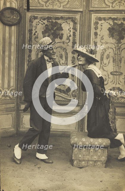 French prisoners of war, one in drag, performing a show at Sennelager prisoner of wa..., (1918?). Creator: Unknown.