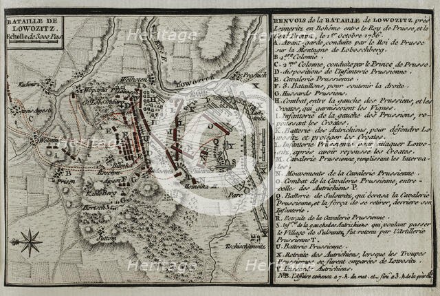 Seven Years War (1756-1763): Map of the Battle of Lobositz or Lovosice (October 1, 1756), 1765. Creator: Jean de Beaurain.
