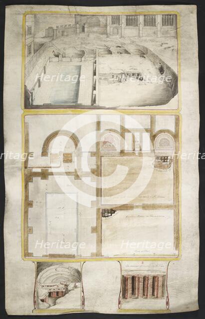 View and plans of the Roman baths at Bath, co. Somerset..., 1762. Creator: William Hoare.