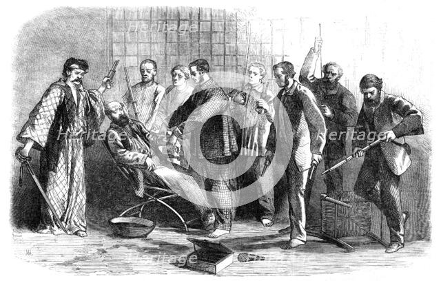 The Outrage at the British Embassy at Japan: midnight scene in Mr. Alcock's room at To-Sen..., 1861. Creator: Unknown.