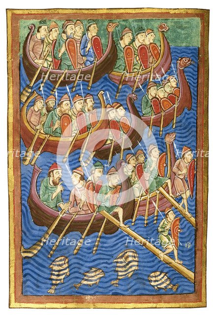 Viking ships arriving in Britain, ca 1130. Artist: Abbo of Fleury (c. 945-1004)