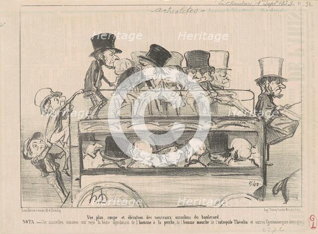 Vue plan coupé et elévation des nouveau omnibus du boulevard, 1853.  Creator: Honore Daumier.