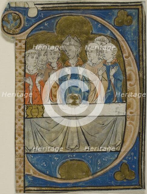 Bishop at Mass in a Historiated Initial "P" from a Choirbook, c. 1300. Creator: Unknown.