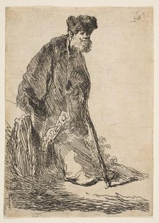 Man in a Coat and Fur Cap Leaning against a Bank, ca. 1630. Creator: Rembrandt Harmensz van Rijn.