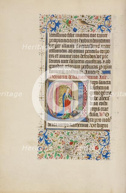 Initial V: Saint Catherine Holding a Sword over a King; Llangattock Hours, 1450s. Creator: Master of the Llangattock Hours.