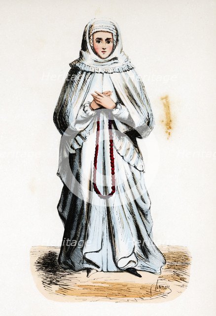 German woman from the Middle Ages, colored engraving.