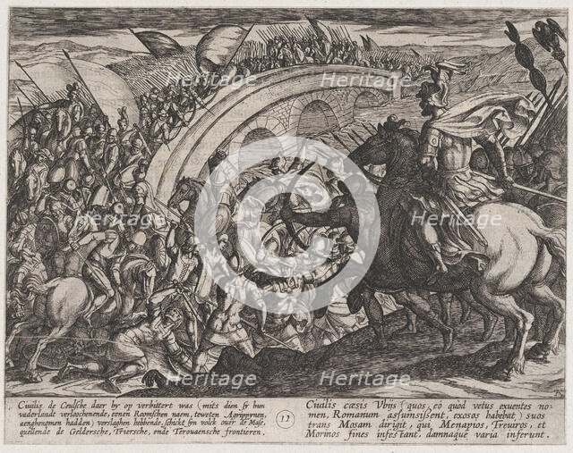 Plate 11: Civilis' Troops Crossing the Maas River, from The War of the Romans Against the ..., 1611. Creator: Antonio Tempesta.