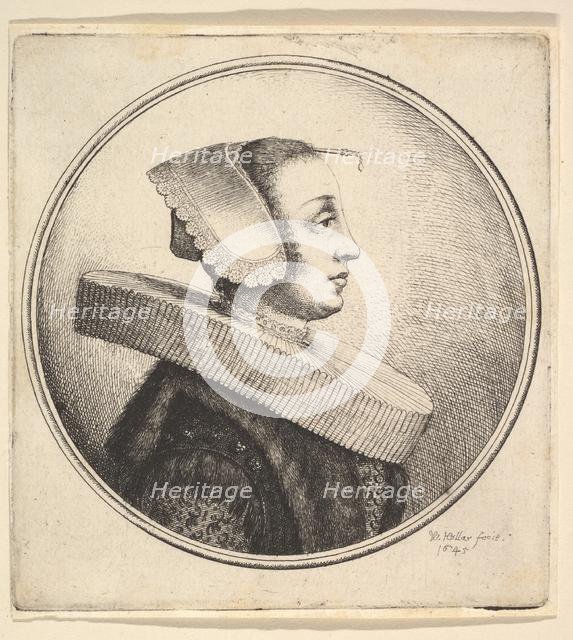 Woman with circular ruff, bonnet and hair-pin, in profile to right, 1645. Creator: Wenceslaus Hollar.