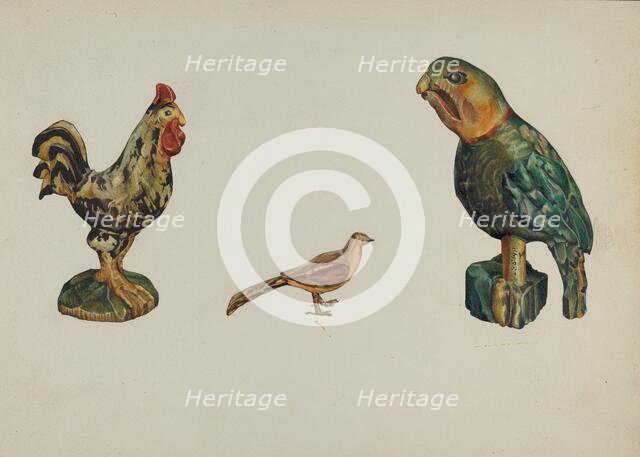 Wooden Rooster, Pheasant, and Parrot, c. 1937. Creator: Victor F. Muollo.