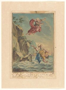 Mentor throws Telemachus off a cliff and jumps after him, 1719-1775. Creator: Ruik Keyert.