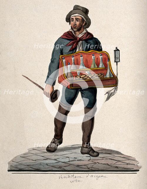 A street vendor of brandy is carrying a tray with bottles and glasses in it, 1800-1899. Creator: Unknown.