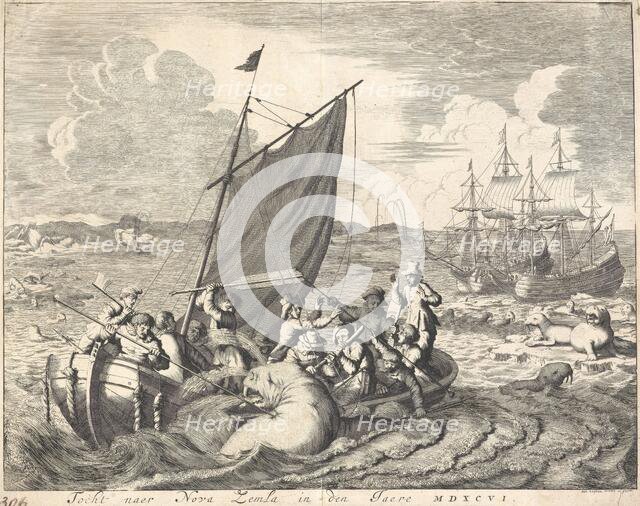 Expedition to Novaya Zemlya; Walrus hunt in Magdalenefjorden (Norway), 1680. Creator: Jan Luyken.