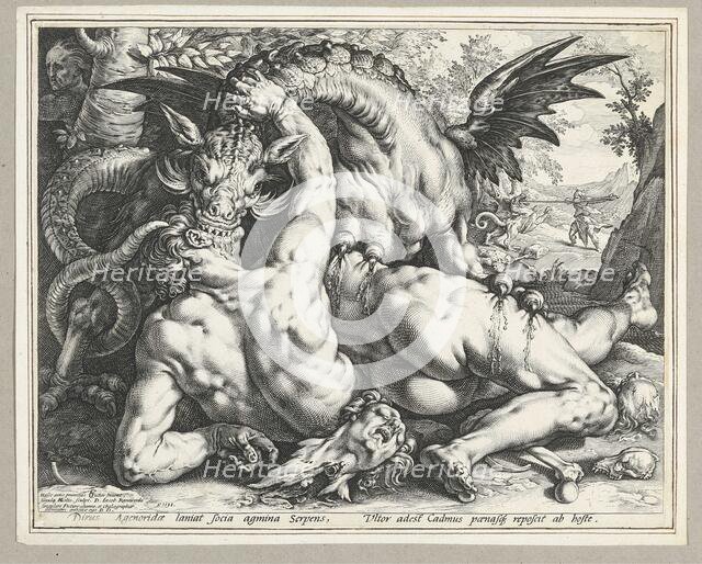 Two Followers of Cadmus devoured by a Dragon. (After Cornelis Cornelisz van Haarlem), 1588. Creator: Goltzius, Hendrick (1558-1617).