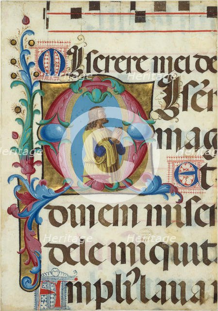Manuscript Illumination with David in Prayer in an Initial M, from a Psalter, 1501-2. Creator: Girolamo dai Libri.