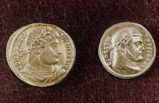 Gold coins showing heads of Roman Emperors Constantine the Great and Diocletian, 4th century. Artist: Unknown