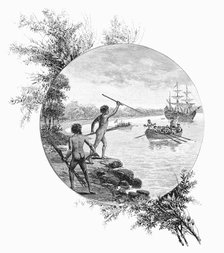 Natives opposing Captain Cook's landing, Australia, 1770 (1886).Artist: W Macleod