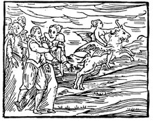 The Devil, in the form of a flying goat, carrying a witch to the Sabbath, 1608. Artist: Unknown