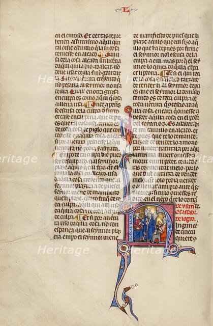 Initial N: Three Men Speaking before a King and Another Man Exchanging a Goblet..., about 1290-1310. Creator: Unknown.