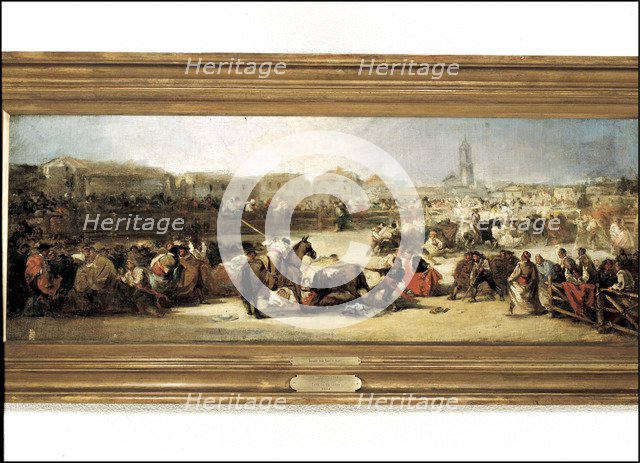 Bullfight in a village', oil on table.