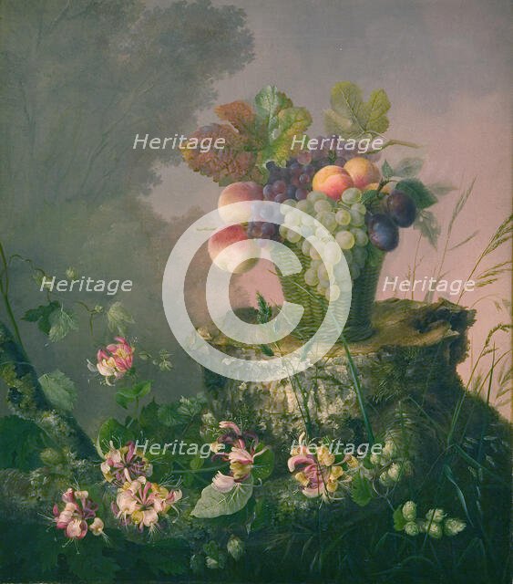 Basket of Flowers standing on a Tree Stump, 1814-1875. Creator: Hermania Neergaard.