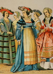 Women's dresses from different social classes, German, 1500-1550, (1881).  Creator: Unknown.