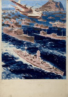 Convoy passing Gibraltar, between 1939 and 1946. Creators: Central Office of Information, Patrick Keely.
