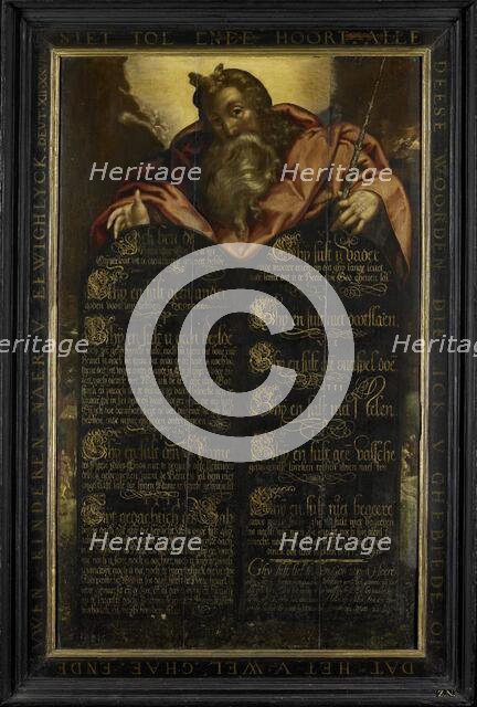 Moses showing the Tables of the Law with the Ten Commandments in Calligraphy, c.1600. Creator: Anon.