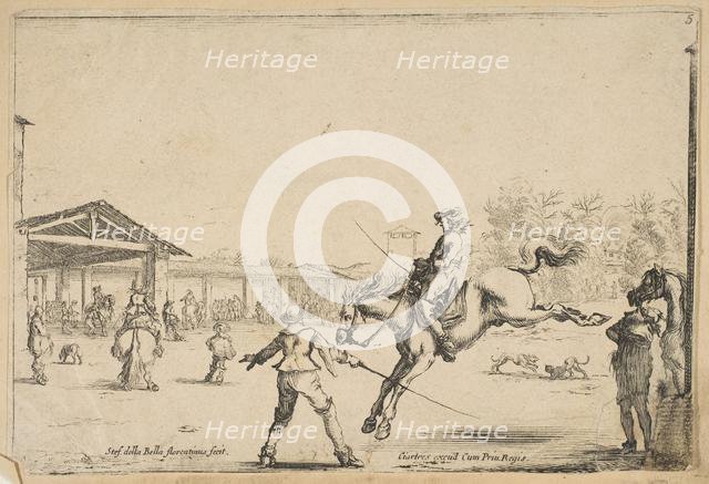 A riding school, a horseman with sword jumping directed by another man with a sword in..., ca. 1645. Creator: Stefano della Bella.