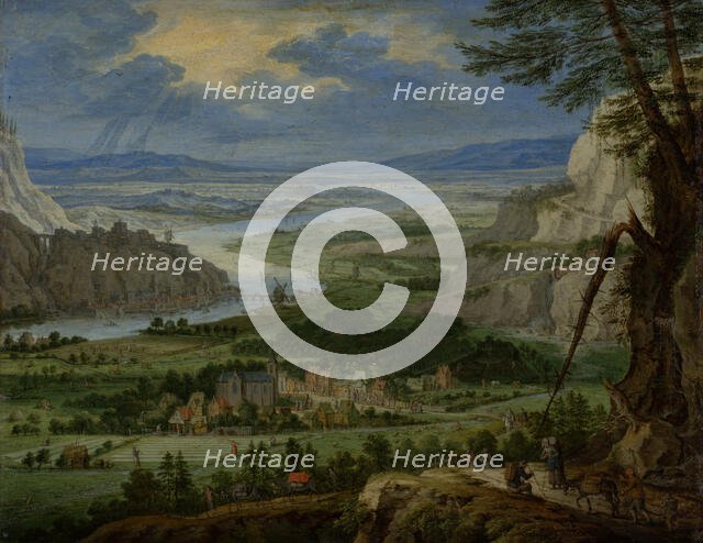 River Landscape with Travelers, c1670-1680. Creator: Peeter Gysels.