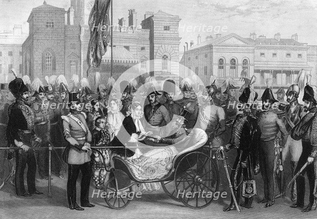 Queen Victoria distributing the Crimean medals, Horse Guards, 18 May 1856, (1857). Artist: R Hind