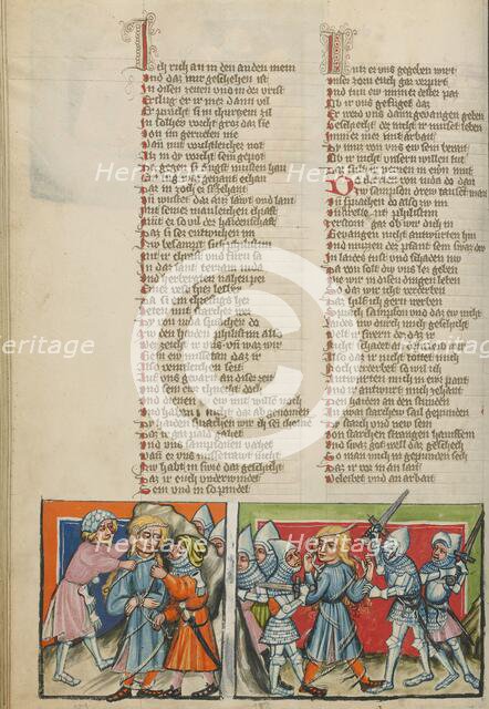 Samson being Bound: Samson Breaking the Ropes; Weltchronik, about 1400-1410. Creator: Unknown.