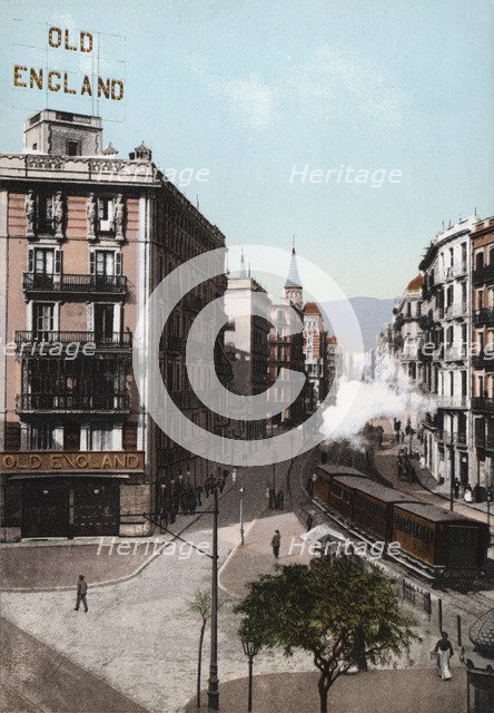 View of Balmes Street, Barcelona, at the end of 19th century, color postcard.