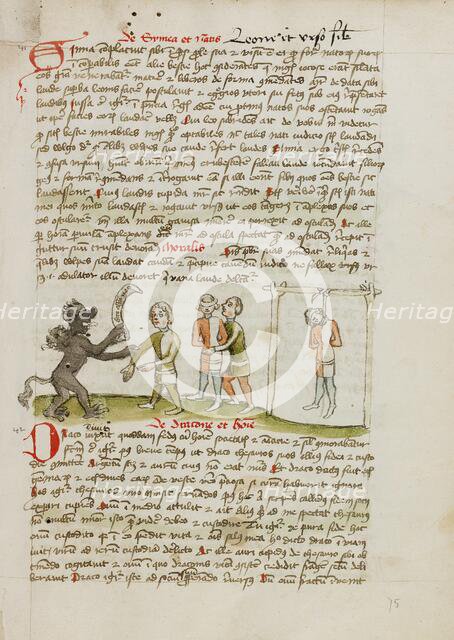 The Devil with a Man Wearing a Blindfold: The Man Hanging from a..., third quarter of 15th century. Creator: Unknown.
