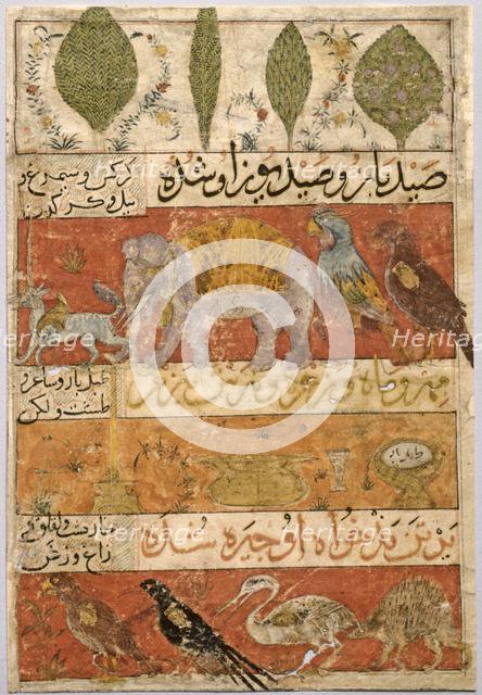 Animals, Birds, and Plants (verso); Illustration and Text (Persian Verses)..., 1341. Creator: Unknown.