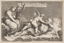 Cupid wrestling with Pan, amongst the clouds, with two allegorical women seated at le..., 1598-1632. Creator: Jacob Matham.