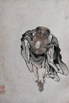 A Chinese man standing revealing a portrait of a man within his chest, (between 1800 and 1899?). Creator: Unknown.