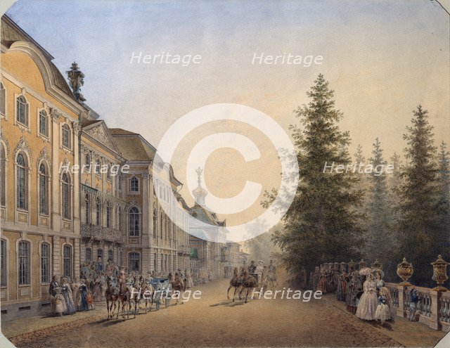 The main entrance of the Great palace in Peterhof, 1852. Artist: Sadovnikov, Vasily Semyonovich (1800-1879)