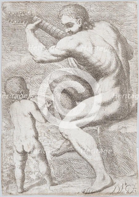 Study of a naked man playing a vihuela, a child holding a sheet of music at the left, ..., ca. 1693. Creator: José García Hidalgo.