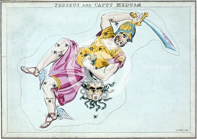 Constellation of Perseus, showing him carrying the head of Medusa, c1820. Artist: Unknown