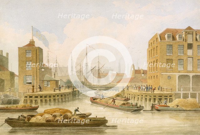 Regent's Canal entrance gates at Limehouse, Tower Hamlets, London, 1823. Artist: Thomas Hosmer Shepherd