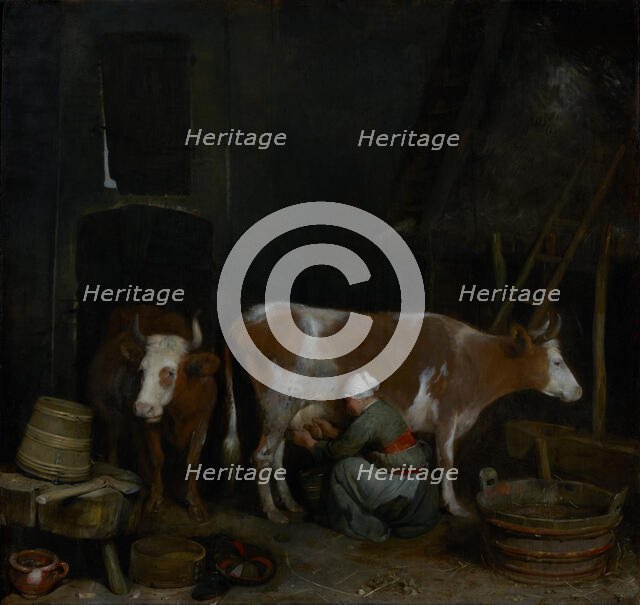 A Maid Milking a Cow in a Barn, about 1652-1654. Creator: Gerard Terborch II.