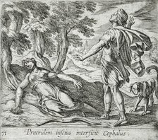 Procris Killed by Cephalus's Javelin, published 1606. Creators: Antonio Tempesta, Wilhelm Janson.